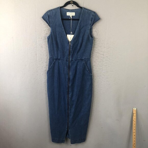 Mara Hoffman Dress Womens 8 Denim Aleema Zip V Neck Cap Sleeves Pockets USA - Picture 1 of 16